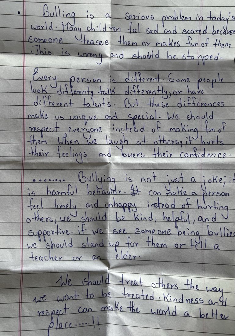 A handwritten sheet arguing that everyone is different, that laughing at others lowers their confidence, and that a witness should speak up