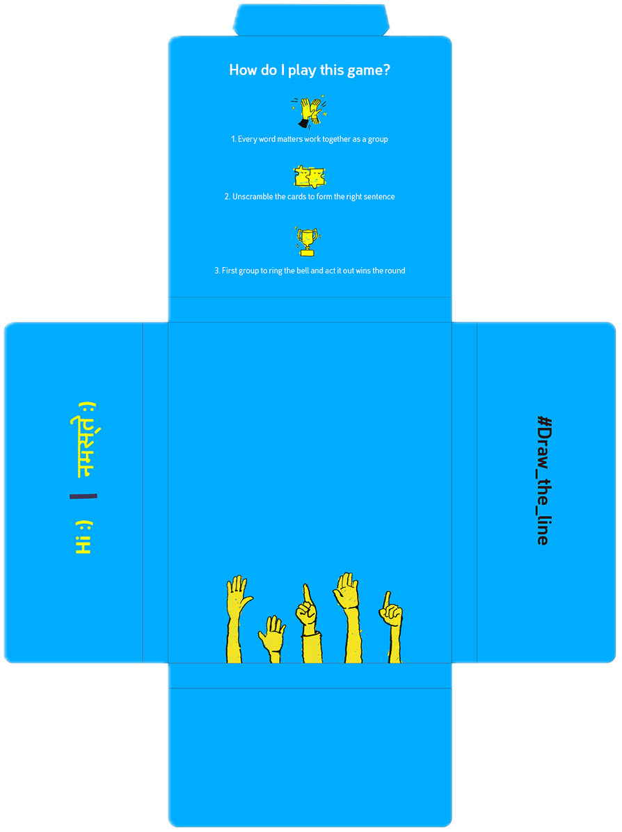 The reverse of the same dieline, printed solid blue: how to play in three steps, raised hands on the base panel, and the campaign hashtag down one side