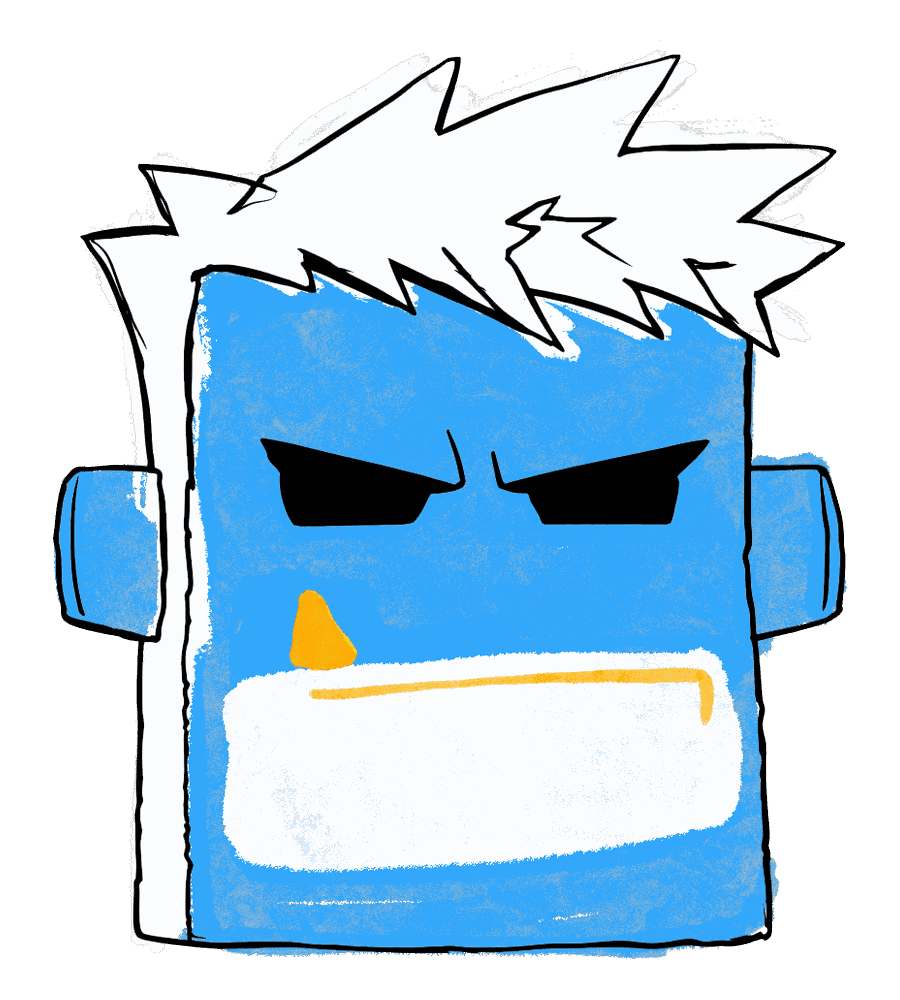The bully character: a blue square-jawed face with lowered brows and a single fang showing