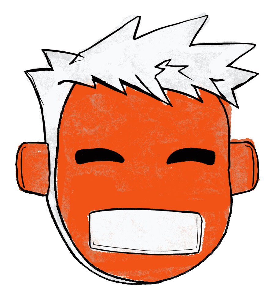 The bystander character: an orange face with eyes squeezed shut, laughing along