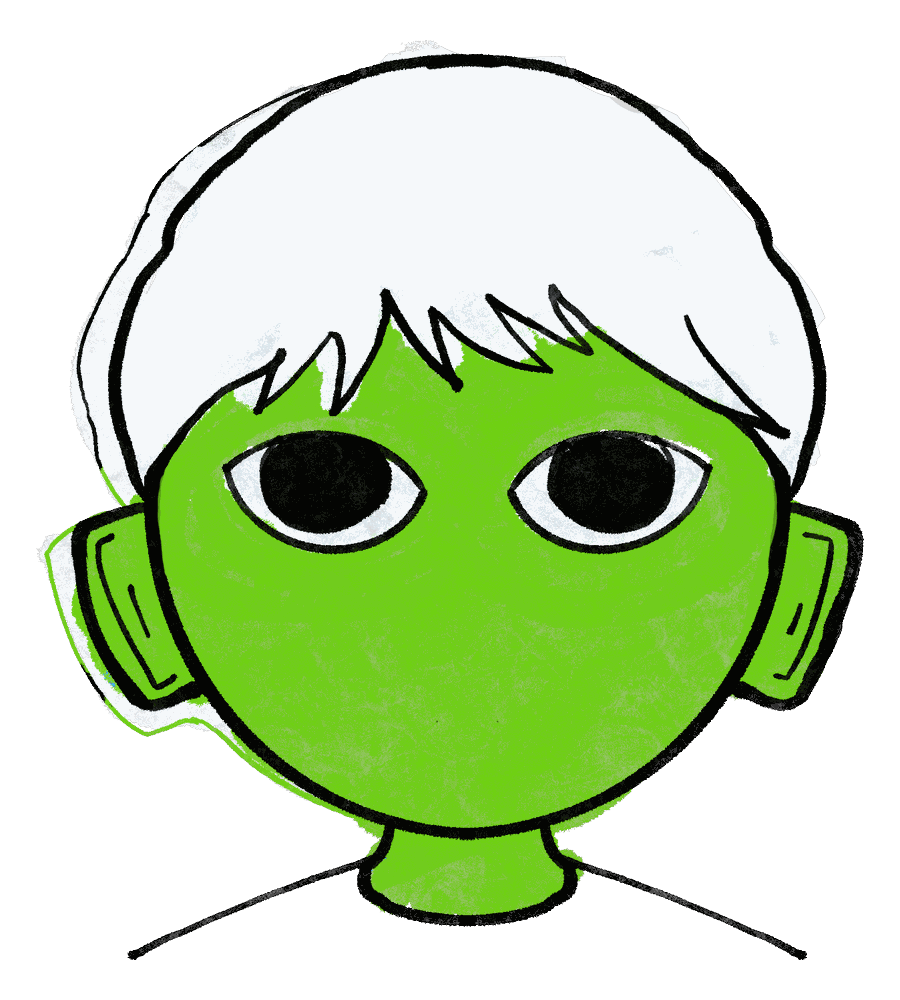The victim character: a green round face with wide fixed eyes and no mouth